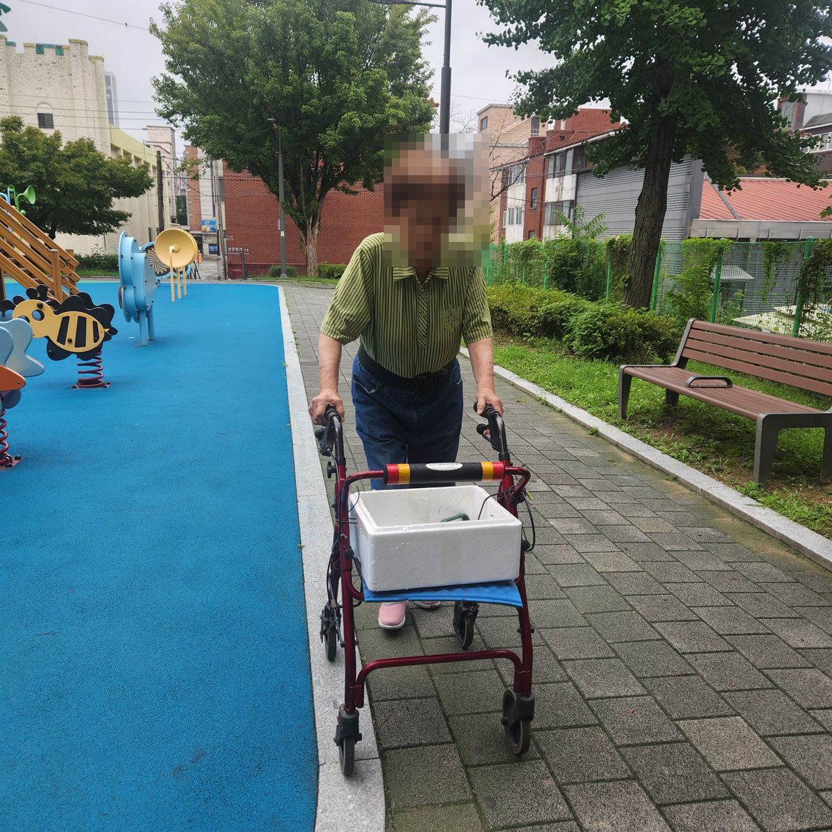 전국 병원동행서비스 보행보조차로 야외를 걷는 어르신